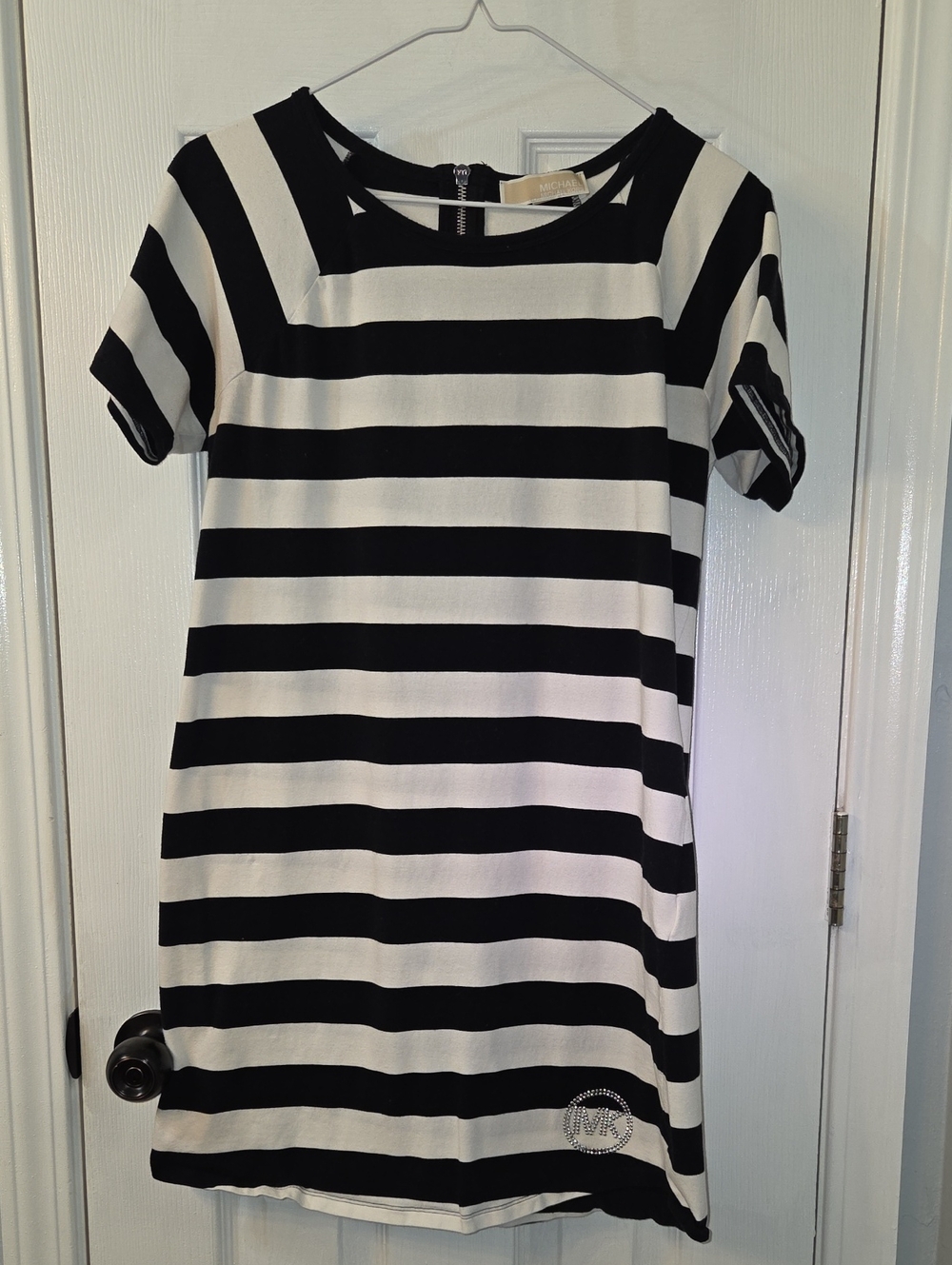 Michael Kors Black and White Striped Short Sleeve Dress